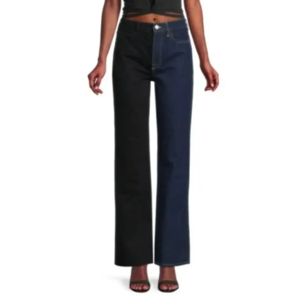 Frame NWT Le Jane High Rise Straight Leg Two Tone Colorblock Jeans Dell Noir 25